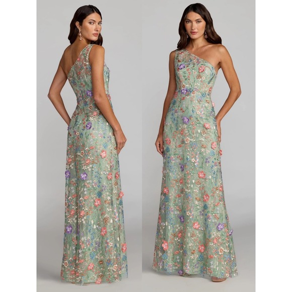 Mac Duggal Dresses & Skirts - Mac Duggal One-Shoulder Floral Gown in Mint with Pink & Purple Accents
